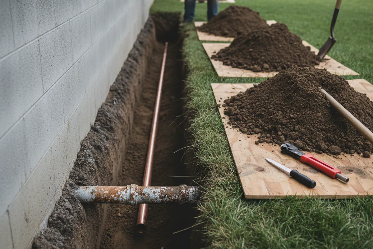Excavated water line trench during Water Heater Repair in Bayville